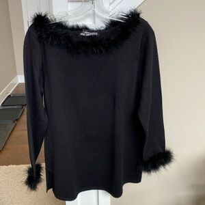 Nina Leonard Black Knit Top Feathery Trim